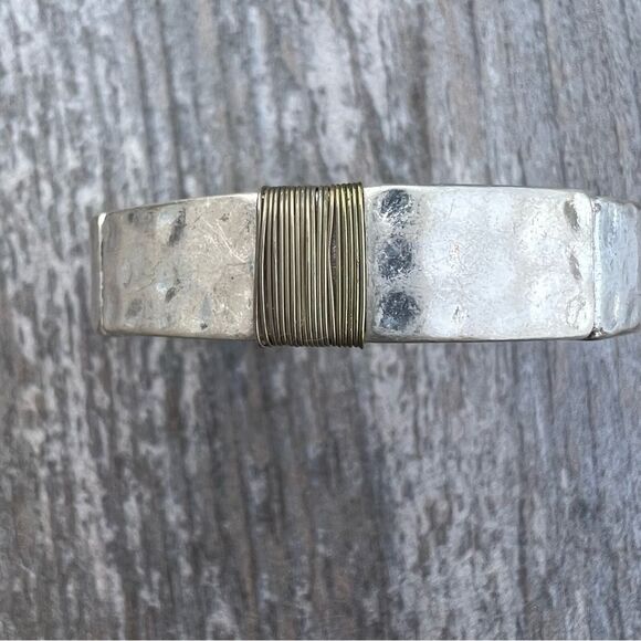 Silver Gold Tone Stretch Hammered Textured Bracelet - Picture 3 of 11